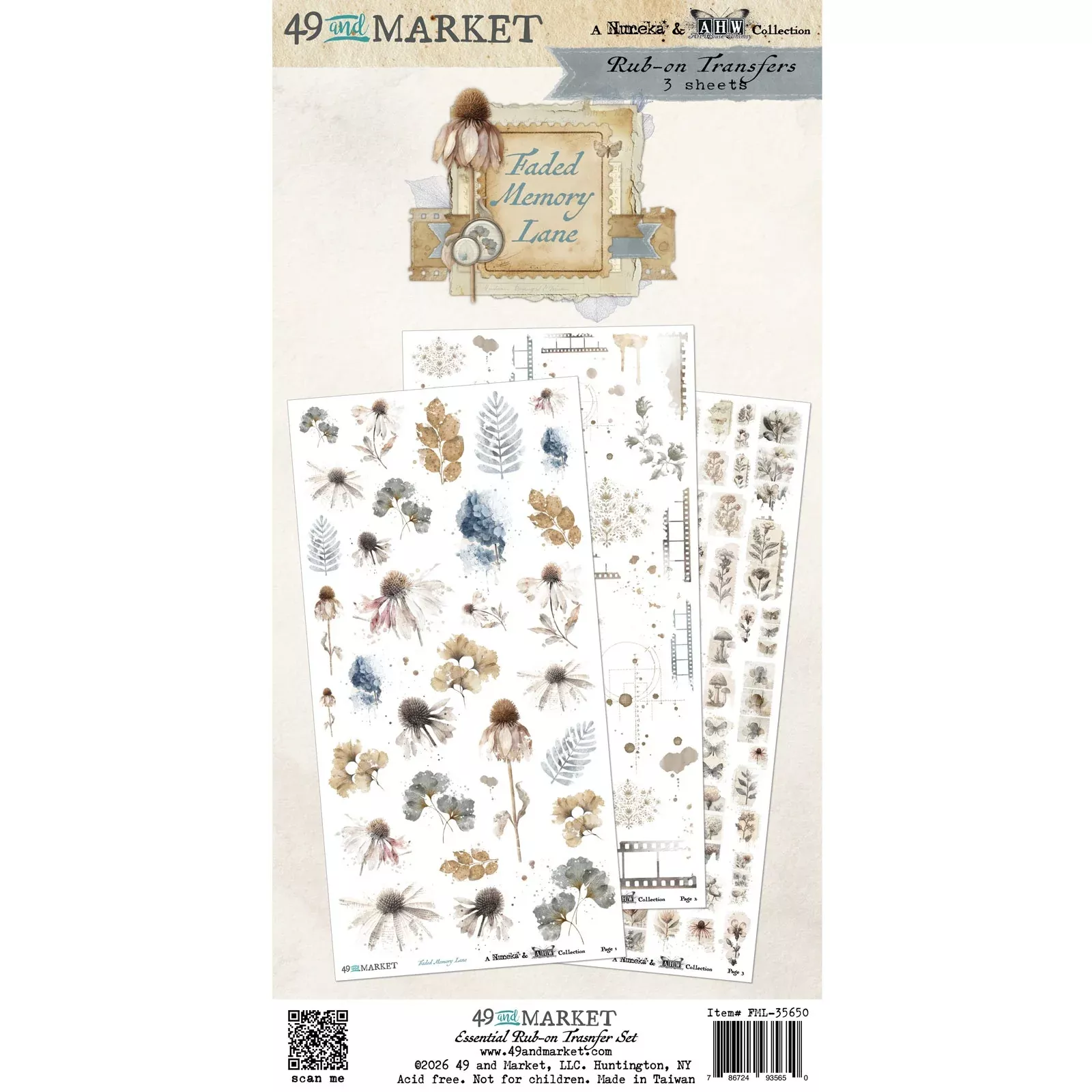 49 and Market Essential Rub-On Transfer Set 6"X12" Faded Memory Lane