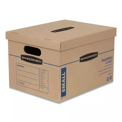 Bankers Box 7714203 SmoothMove Classic Moving/Storage Boxes, Half Slotted Container (HSC), Small, 12" x 15" x 10", Brown/Blue, 10/Carton