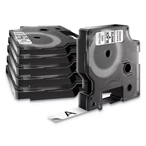 DYMO 2025517 D1 Standard Labels, 0.5" x 23 ft, Black Print on White Tape, 6/Pack