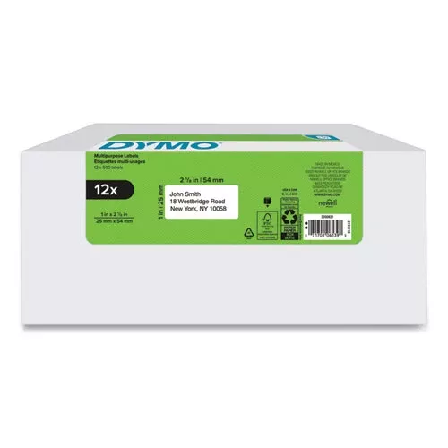 DYMO 2050821 LW Multipurpose Labels, 1" x 2.13", White, 500 Labels/Roll, 12 Rolls/Pack