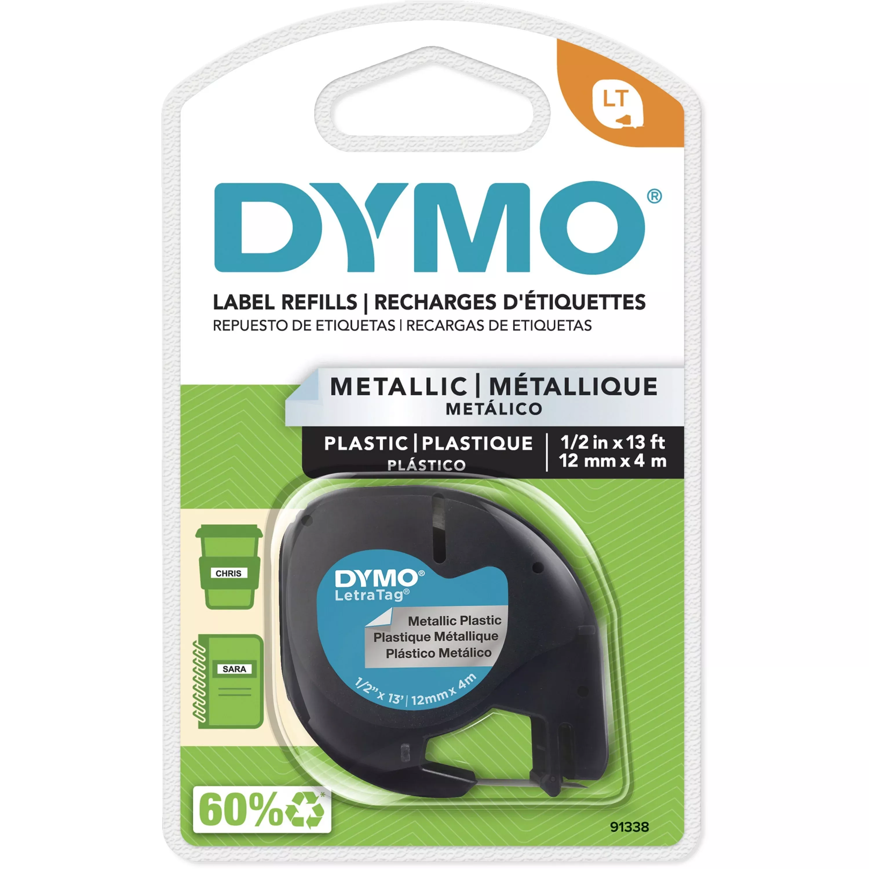 DYMO LetraTag Tape, 1/2"x13', Plastic, Metallic Silver