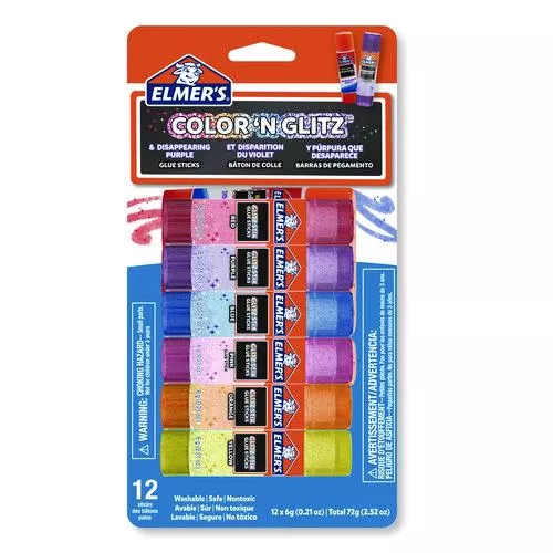Elmer's 2197116 Glitter Glue Sticks, Applies Assorted Colors, 0.21 oz, Dries Clear Glitter, 12/Pack