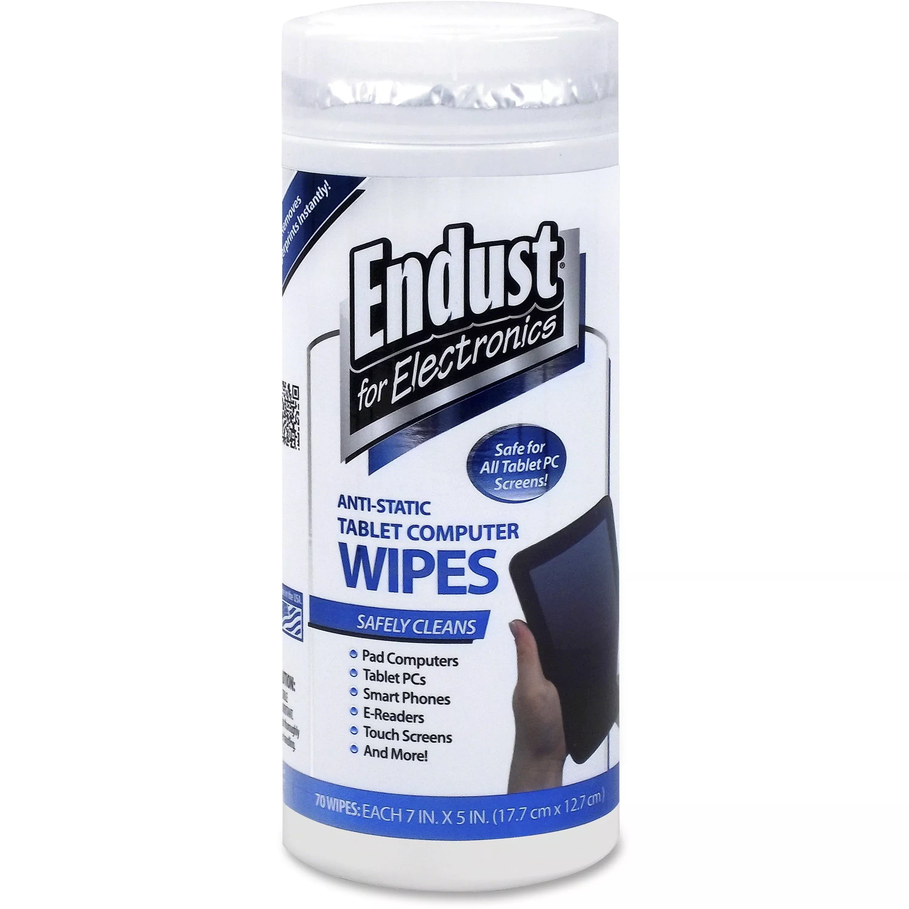Endust for Electronics Tablet and Laptop Cleaning Wipes, 5 x 7, Unscented, White, 70/Tub