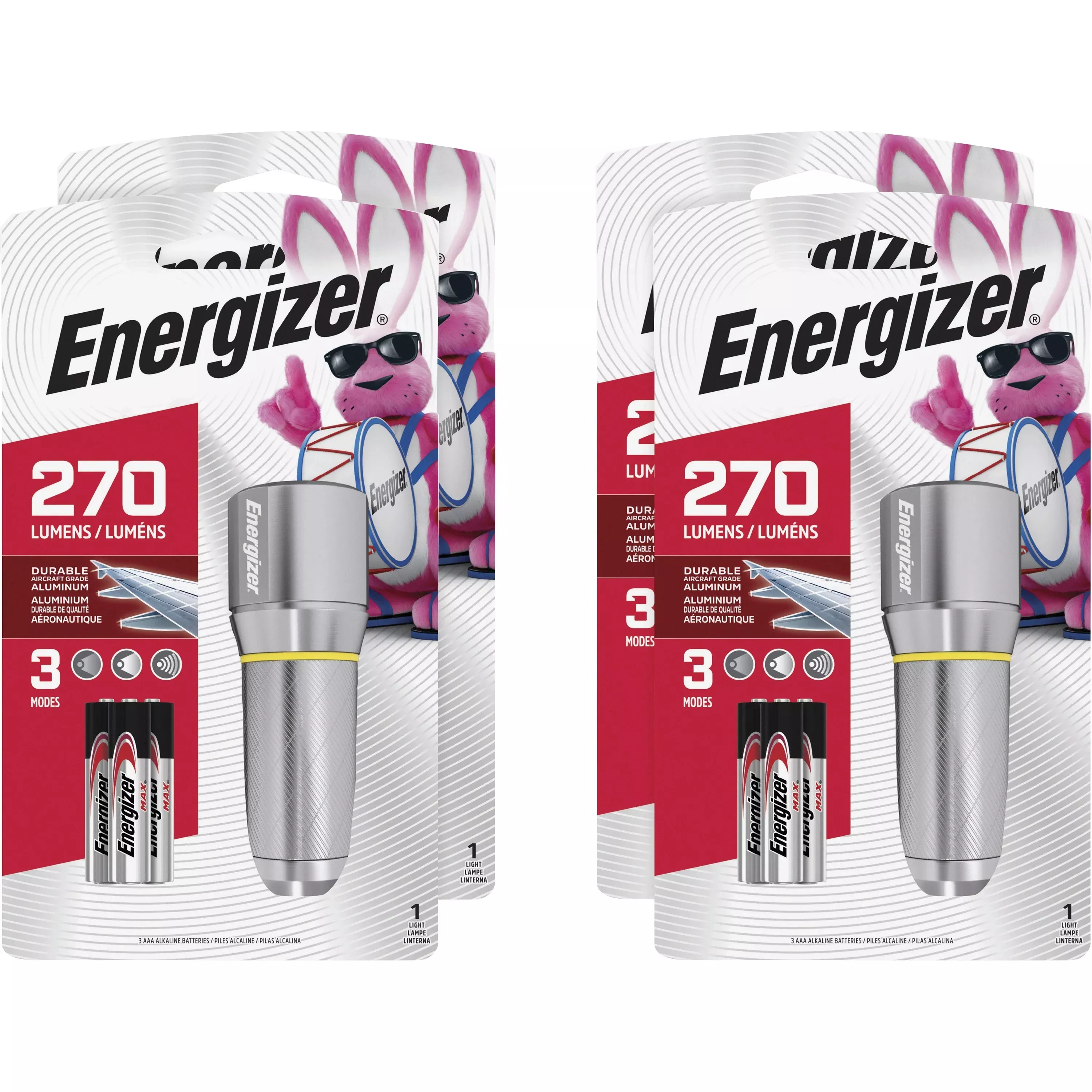 Eveready Flashlight, LED, Metal, 270 Lumens, Wide Beam, 4/CT, Chrome