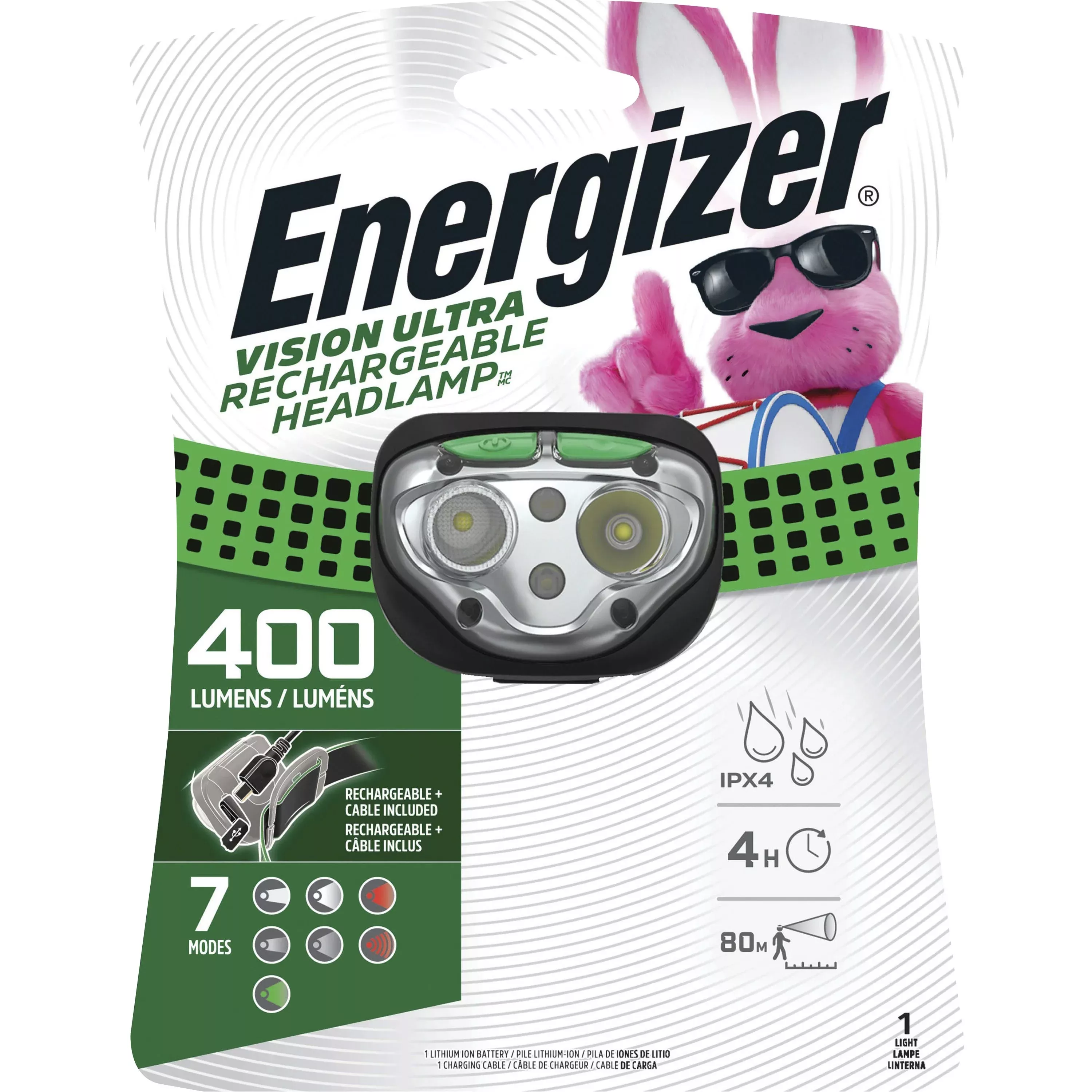 Eveready Headlamp, LED, Rechargeable, 400 Lumens, 80m, Black