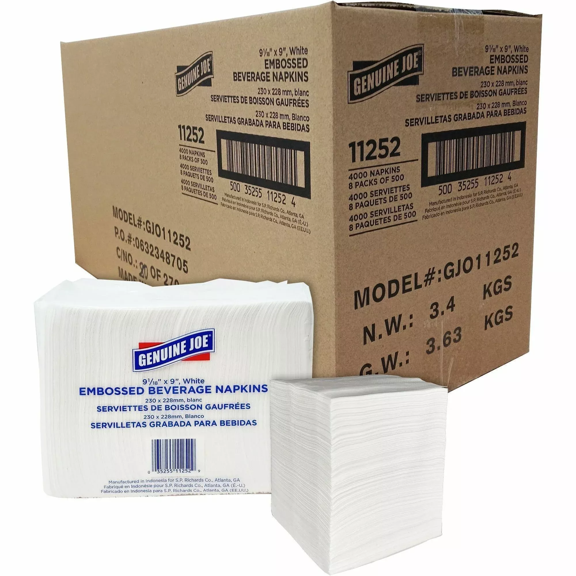 Genuine Joe Beverage Napkins,Quad Fold,9-1/2"x9-1/2",500/PK,8PK/CT,WE