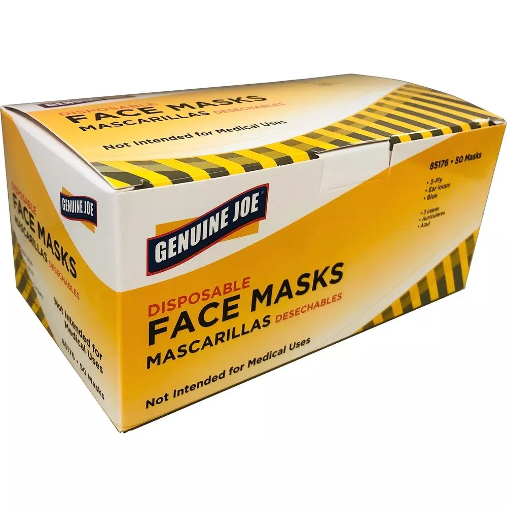 Genuine Joe Face Masks, Disposable, Latex-free, 50/Box, Blue