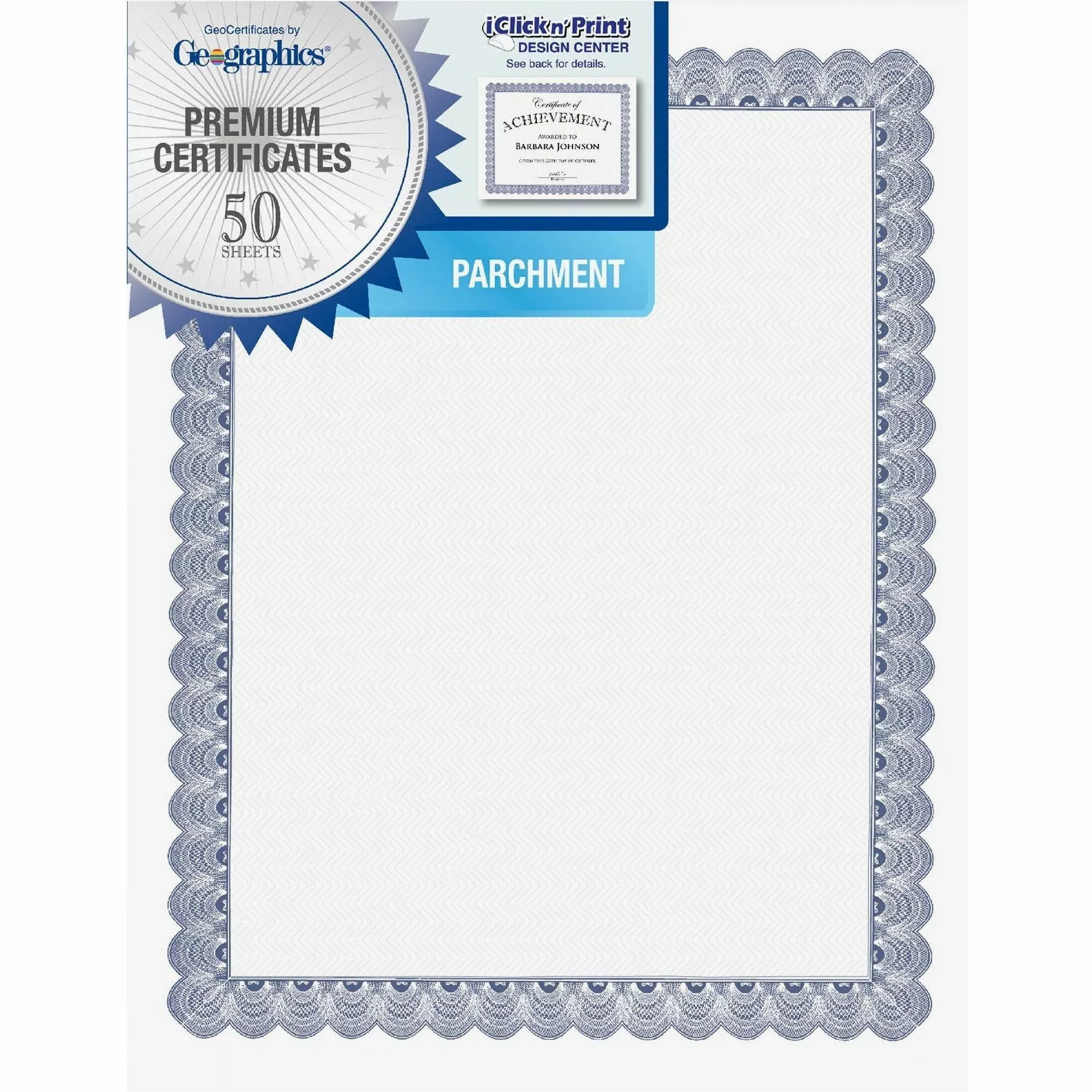 Geographics Award Certificate, 24 lb. Parchment, 8-1/2"x11", 50/PK, Blue