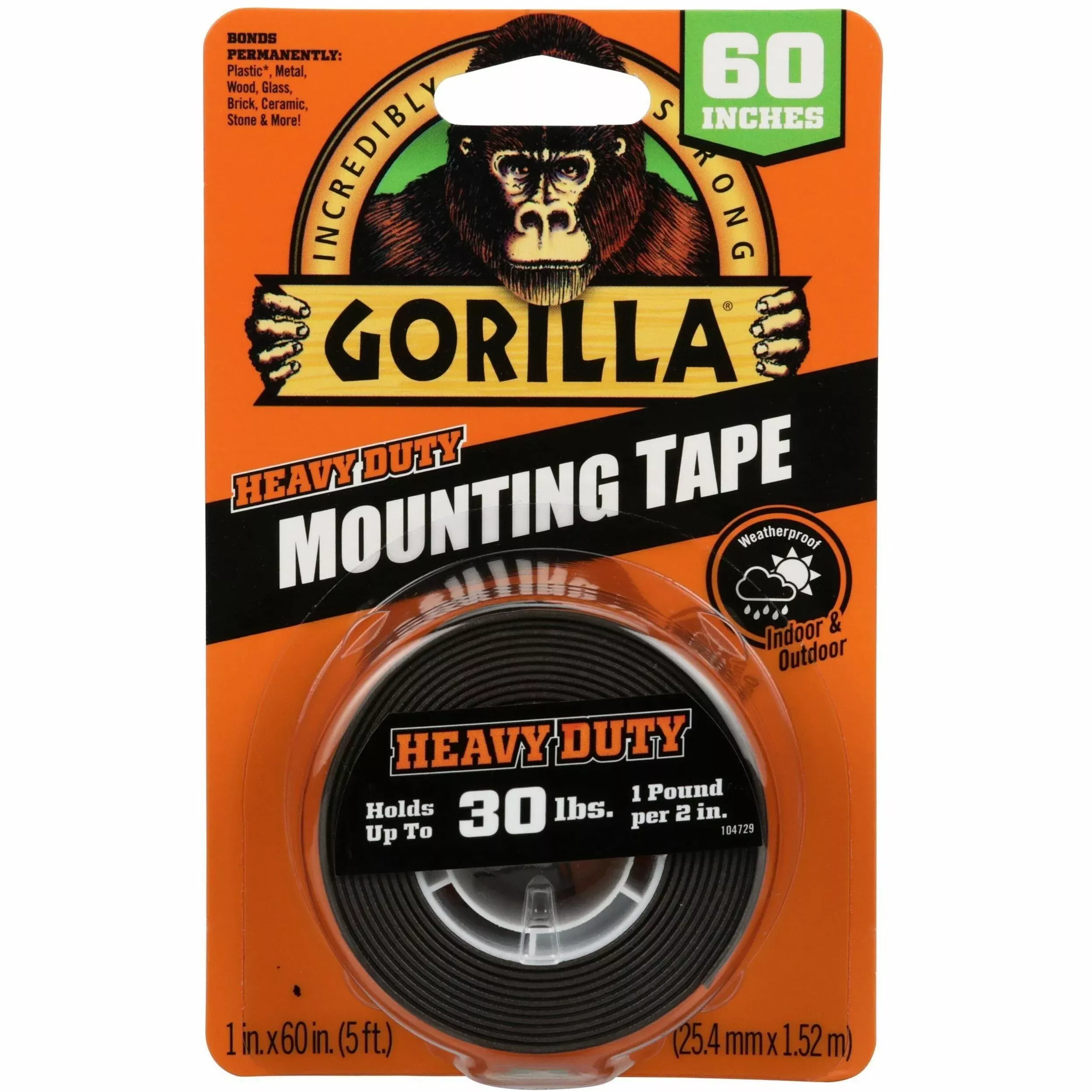 Gorilla Heavy Duty Mounting Tape, Permanent, Holds Up to 30 lbs, 1" x 60", Black